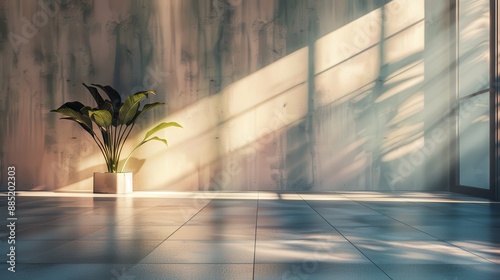 An empty modern room with sleek lines and minimalist decor, bathed in mystical lighting that casts intriguing shadows, featuring a blend of nature and urban elements, abstract gradient accents, and