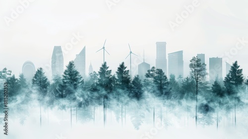 Misty forest with modern cityscape and wind turbines in the background, blending nature and urban elements seamlessly in a tranquil scene. © tinnakorn
