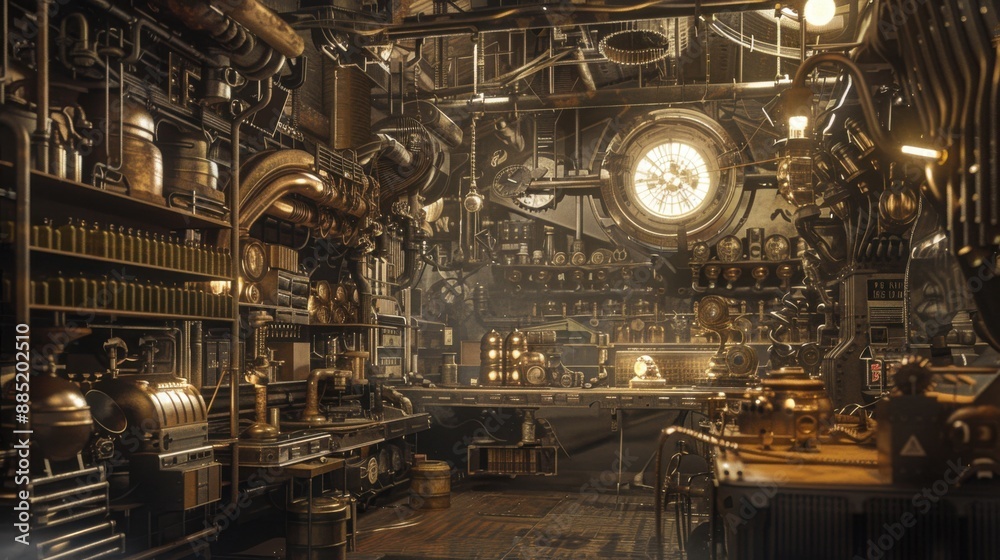 Enigmatic Steampunk Laboratory: Intricate Gears and Gadgets in Sepia Tones Enigmatic Steampunk Laboratory: Intricate Gears and Gadgets in Sepia Tones