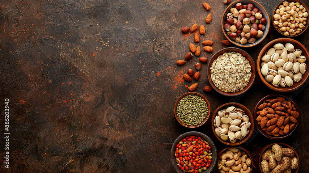 nuts and seeds background, with empty copy space, top view. healthy food in wooden bowls different nuts in different bowls nuts and seeds background, with empty copy space, top view. healthy food in wooden bowls different nuts in different bowls