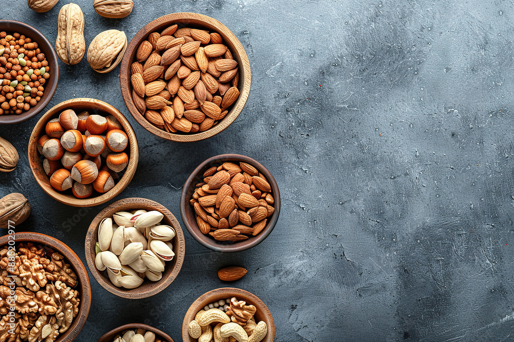 nuts and seeds background, with empty copy space, top view. healthy food in wooden bowls different nuts in different bowls 