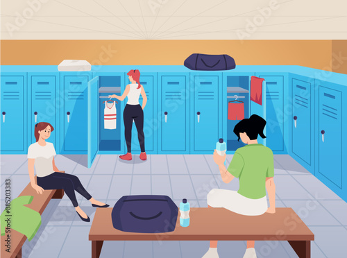 Vector scene from a sports wardrobe with girls changing clothes for decorating a fitness center