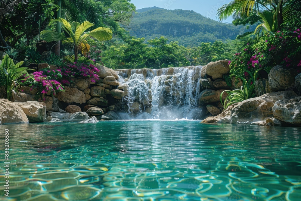 Naklejka premium An exotic jungle waterfall, cascading into a crystal-clear pool, with lush green foliage and vibrant flowers all around.
