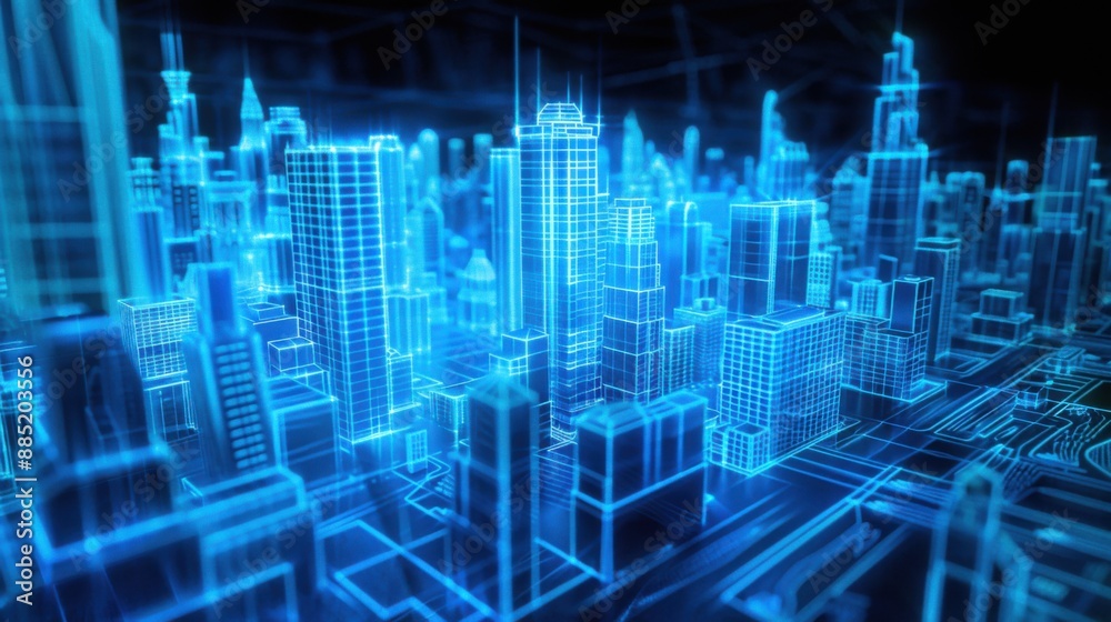 Futuristic Holographic City Map: Digital 3D Render in Blue and White, High-Tech Urban Technology Projection Futuristic Holographic City Map: Digital 3D Render in Blue and White, High-Tech Urban Technology Projection