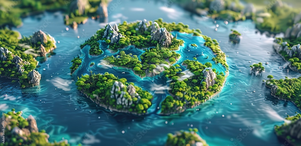 Illustration of an island in the middle of the ocean photographed from above Illustration of an island in the middle of the ocean photographed from above