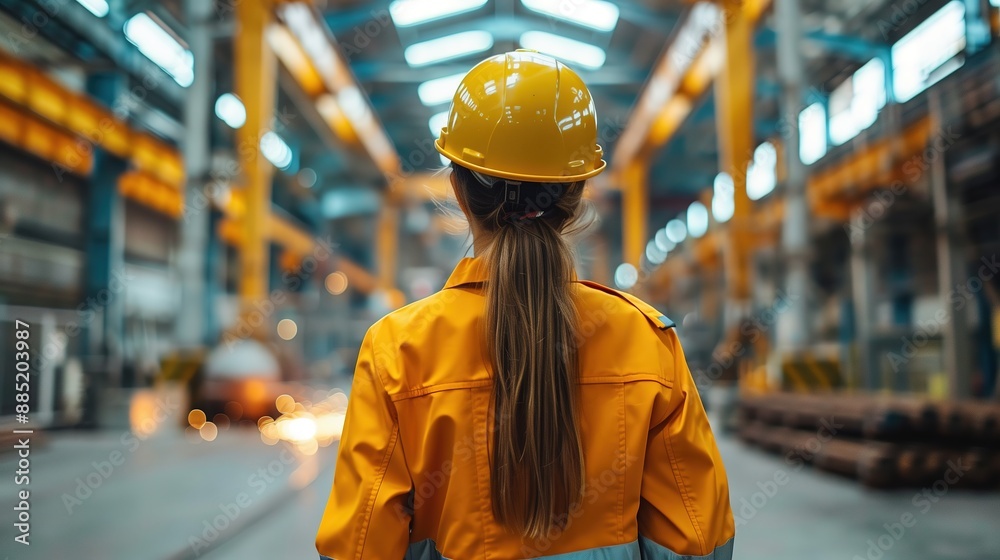Female Worker in Yellow Hard Hat and Jacket in Factory Female Worker in Yellow Hard Hat and Jacket in Factory