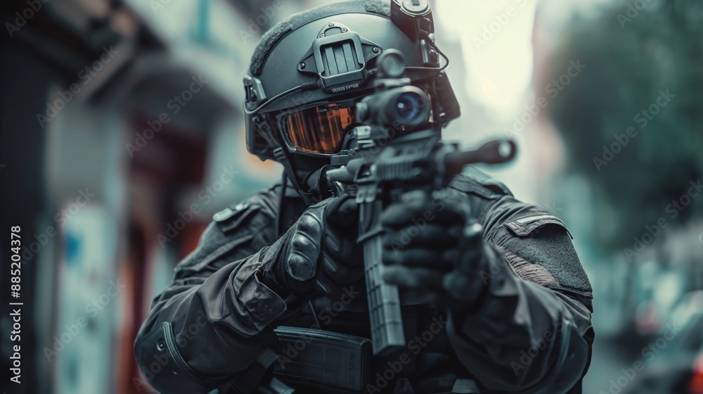 Tactical police officer aiming rifle, wearing full gear including helmet with visor, tactical gloves, and body armor in a high-risk situation. Tactical police officer aiming rifle, wearing full gear including helmet with visor, tactical gloves, and body armor in a high-risk situation.