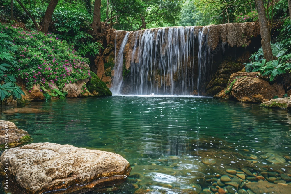 Fototapeta premium An exotic jungle waterfall, cascading into a crystal-clear pool, with lush green foliage and vibrant flowers all around.