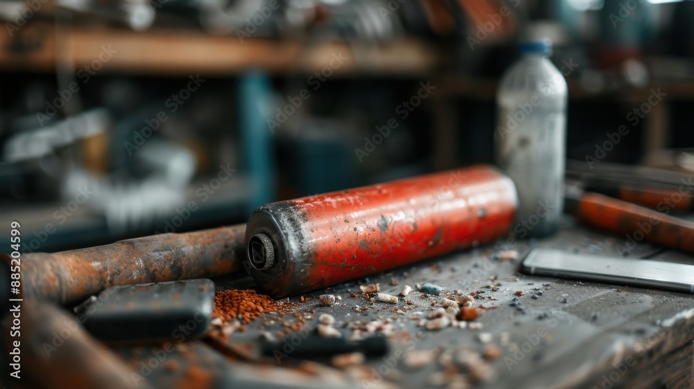 A red roller cylinder lies on a dusty, cluttered workshop table with various tools and objects scattered around, creating a sense of a busy, industrious workspace. A red roller cylinder lies on a dusty, cluttered workshop table with various tools and objects scattered around, creating a sense of a busy, industrious workspace.