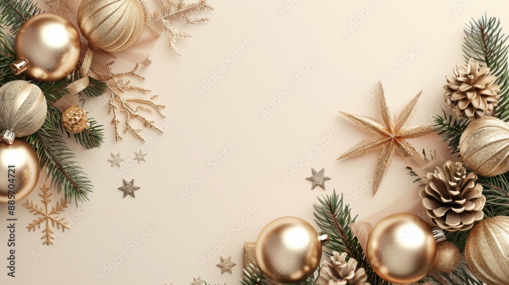 Merry Christmas and New Year. Christmas design. Fir branches, shiny gold balls, confetti and baubles. Christmas background. Festive composition Merry Christmas and New Year. Christmas design. Fir branches, shiny gold balls, confetti and baubles. Christmas background. Festive composition