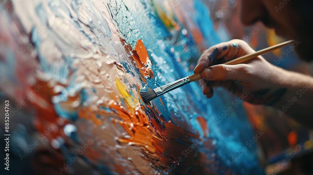 The artist's hand is holding an oil paintbrush and painting on the canvas, surrounded by various art supplies such as palette knives, brushes, paints, etc., in bright colors. The background features The artist's hand is holding an oil paintbrush and painting on the canvas, surrounded by various art supplies such as palette knives, brushes, paints, etc., in bright colors. The background features