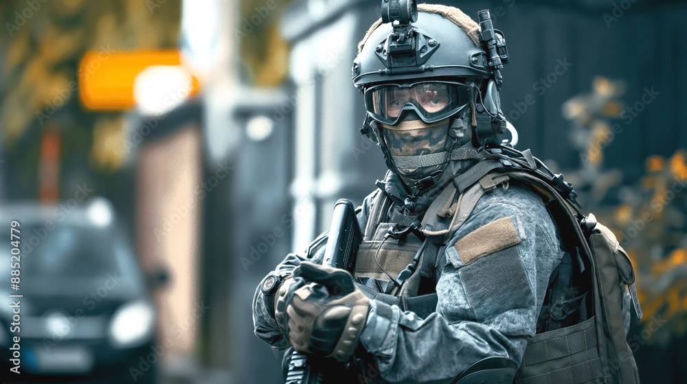Soldier or tactical officer in full combat gear holding a firearm in an outdoor urban setting. Soldier or tactical officer in full combat gear holding a firearm in an outdoor urban setting.