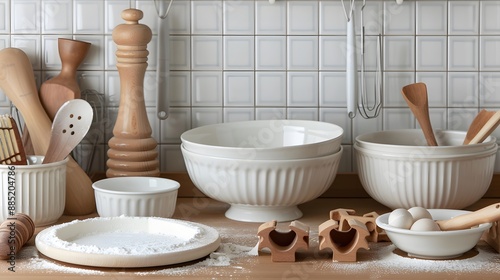 A collection of baking tools like rolling pins, cookie cutters, and mixing bowls neatly arranged on a kitchen counter photo