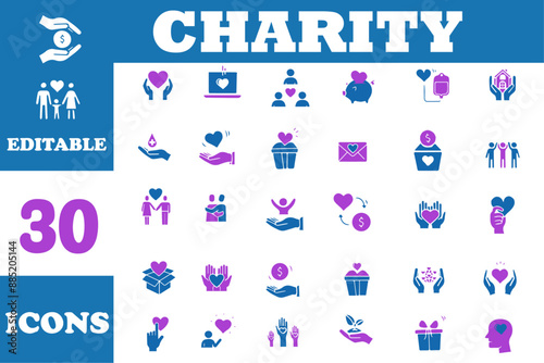 Charity and donation editable flat icons set. Flat icon collection. Charity related symbols : Donation, unity, caring, community, assistance, support, donor, help, volunteer, icons and more signs