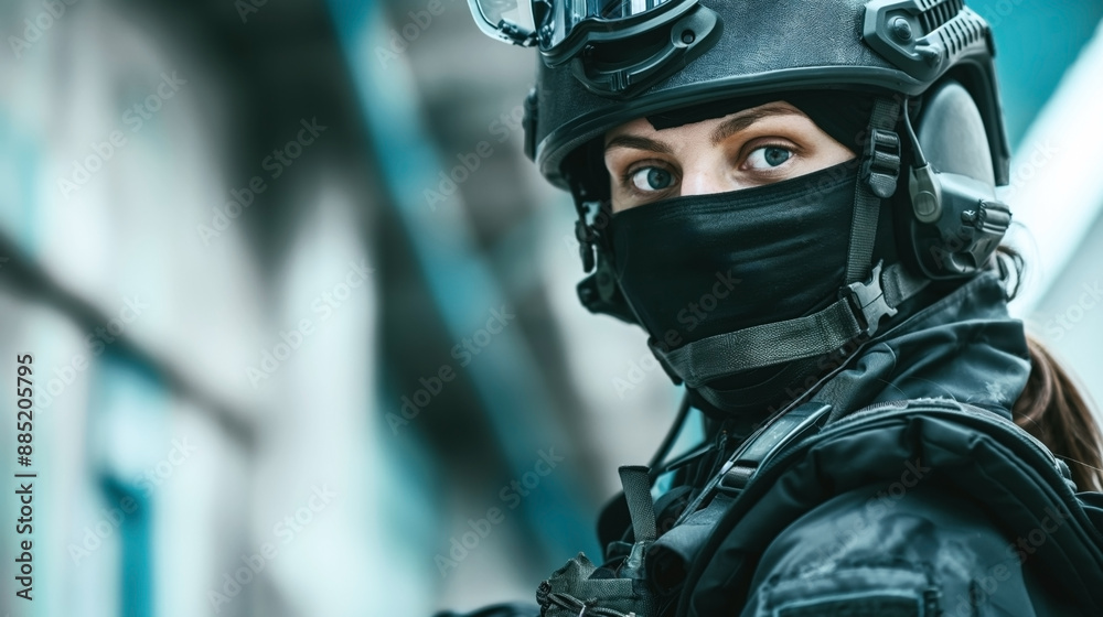 Close-up of a person in tactical gear with a helmet, communication headset, and face mask, focused on their eyes with a blurred background. Close-up of a person in tactical gear with a helmet, communication headset, and face mask, focused on their eyes with a blurred background.