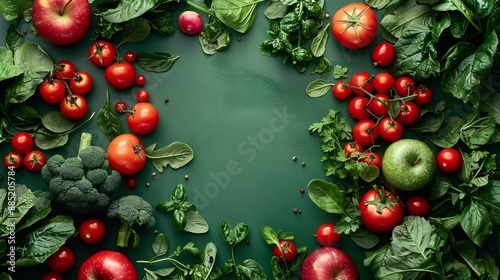Frame of fresh vegetables and fruits on a green table with space for text in the center
