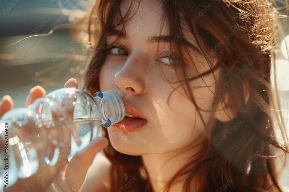 Close-up of a young woman staying hydrated by drinking water from a plastic bottle on a sunny day. Perfect image for health, wellness, and hydration themes. Generated AI Close-up of a young woman staying hydrated by drinking water from a plastic bottle on a sunny day. Perfect image for health, wellness, and hydration themes. Generated AI