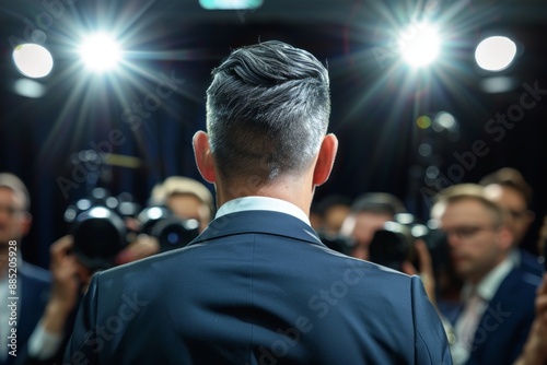 Back view of business professional speaking to the press with cameras and lights surrounding him. Generated AI