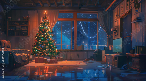 empty room with christmas tree with the lights decoration, 2d anime with lofi style, single color hue, japanese cozy vibe photo