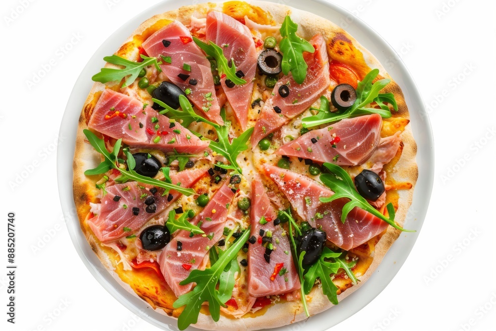 Pizza with Tuna, Black Olives and Fresh Arugula, Traditional Italian Seafood Pizza with Yellowfin Meat Pizza with Tuna, Black Olives and Fresh Arugula, Traditional Italian Seafood Pizza with Yellowfin Meat