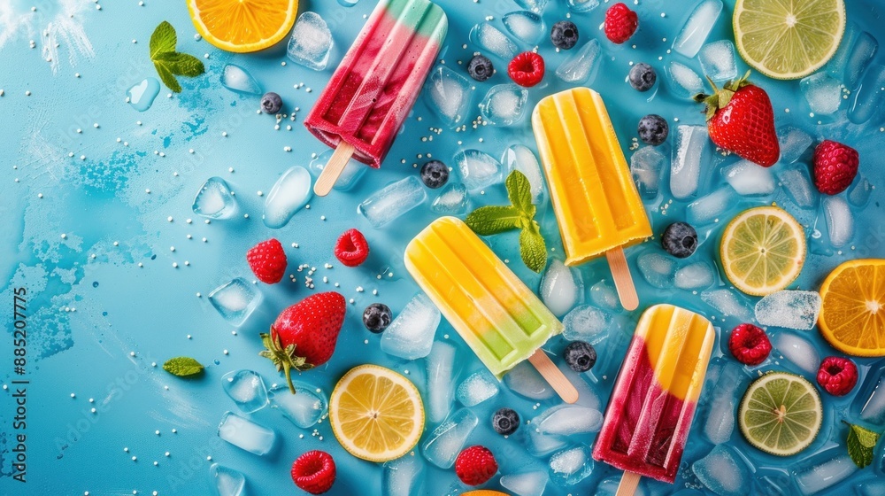 Ice cream popsicles decorated with fresh fruit and berries, empty space around the popsicles, perfect for adding text or captions to highlight their irresistible appeal Ice cream popsicles decorated with fresh fruit and berries, empty space around the popsicles, perfect for adding text or captions to highlight their irresistible appeal