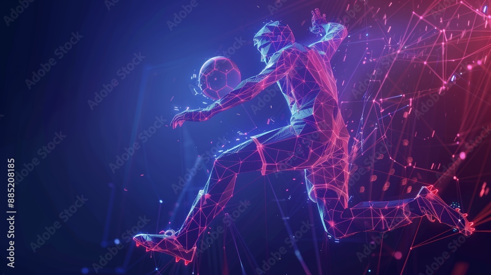 Abstract Polygonal Football, Soccer Player in Mid-Action, Hitting the Ball with Neon Gradient Wireframe Cybernetic Particles Abstract Polygonal Football, Soccer Player in Mid-Action, Hitting the Ball with Neon Gradient Wireframe Cybernetic Particles