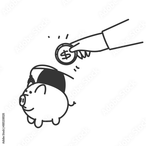 hand drawn doodle person put money tuition on graduation hat as piggy bank symbol for education dee tuition