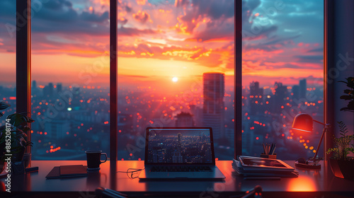 Modern office workplace with laptop, tablet and lamp on the table near a large window overlooking the city skyline during sunset. photo