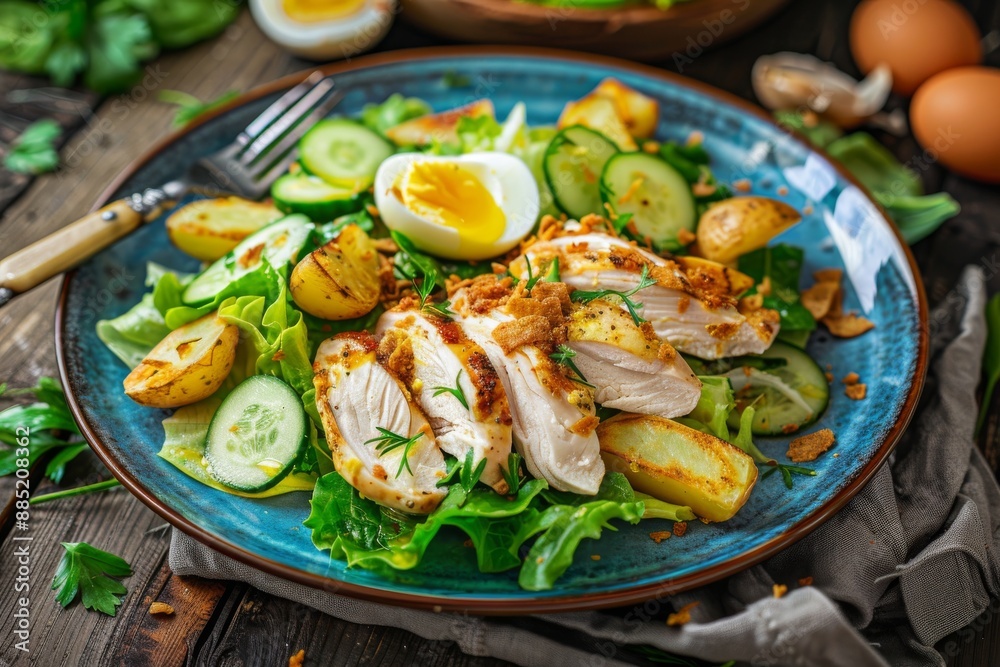 Salad with Chicken, Egg and Crispy Potatoes in Blue Plate. Poultry Meat Salad with Romaine Lettuce Salad with Chicken, Egg and Crispy Potatoes in Blue Plate. Poultry Meat Salad with Romaine Lettuce