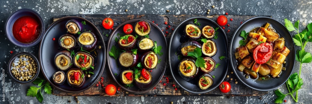 Fototapeta premium Appetizers Set with Baked Eggplants, Champignon Caps, Aubergine Rolls and Traditional Georgian Pkhali
