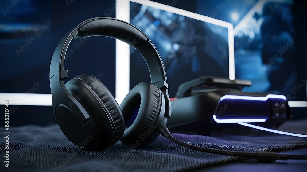 Black standard headphones and game console in the background on a background. 3d rendering Black standard headphones and game console in the background on a background. 3d rendering