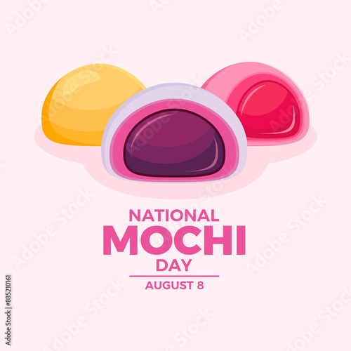 National Mochi Day poster illustration. Sweet japanese rice cake icon set. Purple, pink and yellow mochi cake drawing. Template for background, banner, card. August 8 every year