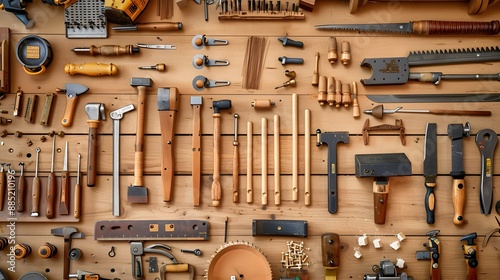 A variety of woodworking tools such as saws, chisels, and clamps neatly arranged on a workshop bench