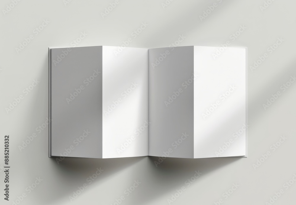 Mockup of a square modern trifold brochure on a gray background. 3D rendering. Mockup of a square modern trifold brochure on a gray background. 3D rendering.
