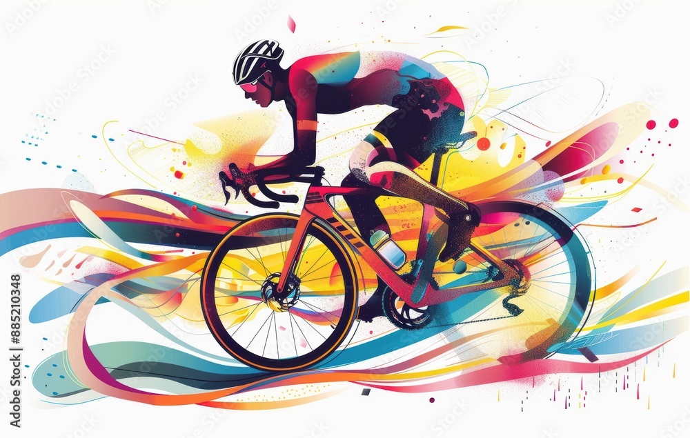 Fototapeta premium Road biking cyclist man on bike professional. Cycling athlete riding racing bicycle in competition race biking with high intensity and effort on. Illustration with colorful airbrushed effect on white 