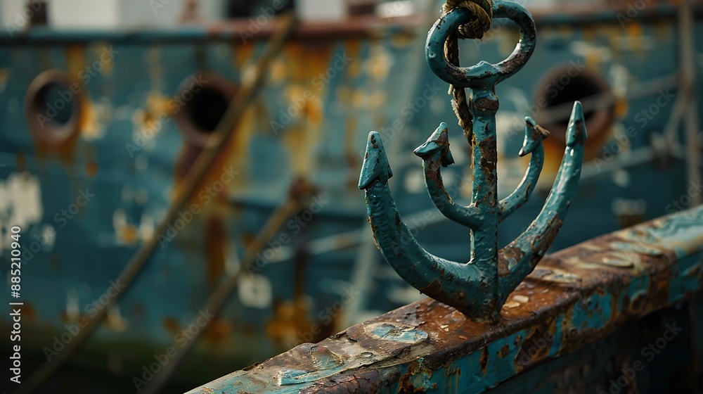 Rusty Anchor Stands Tall on a Weathered Boat a Symbol of Hope and Resilience. AI generated