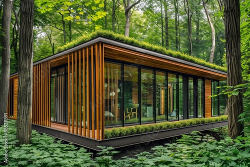 A compact yet stylish modular home nestled in a dense forest, with a facade that blends seamlessly with the natural surroundings. The exterior showcases vertical wooden slats, green roofs. © Amna