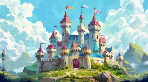 A beautiful cartoon illustration of a fairytale castle with a blue sky and white puffy clouds.