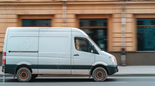 Modern delivery van with e-commerce branding on city streets, delivery packages, efficient logistics. have copy space for text, focus cover all object, deep dept of field