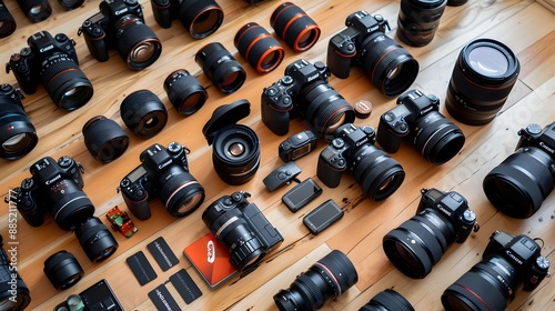 A variety of photography gear such as lenses, tripods, and memory cards arranged on a studio floor