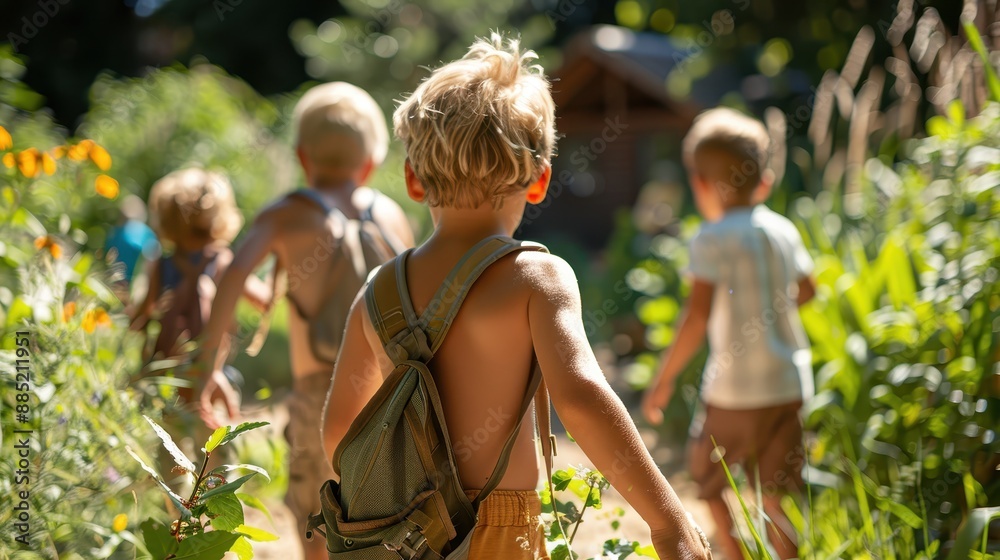 Fototapeta premium Four children, carrying backpacks, enthusiastically embark on a nature walk through lush greenery, embodying a spirit of exploration, friendship, and connection with the natural world.