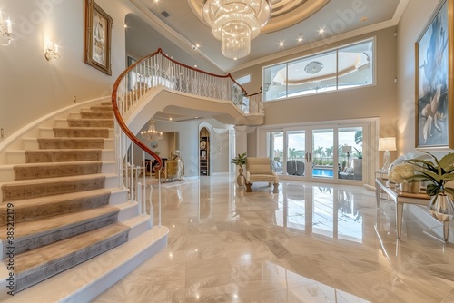 A grand foyer with a sweeping staircase, polished marble floors, a crystal chandelier hanging from the double-height ceiling, and elegant furnishings, leading into an open-concept living.