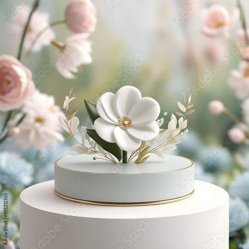 Podium flower product white 3d spring table beauty stand display nature white. Garden floral background cosmetic field scene gift day2 photo