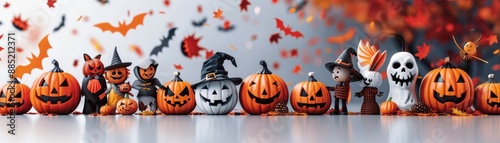 Halloween decorations with pumpkins, ghosts, witches, and autumn leaves create a festive and spooky atmosphere for the celebration. photo