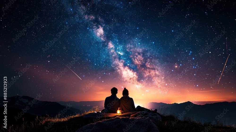 A couple enjoys a starry night under the Milky Way, with shooting stars lighting up the sky. Perfect for romance, nature, and astronomy themes. A couple enjoys a starry night under the Milky Way, with shooting stars lighting up the sky. Perfect for romance, nature, and astronomy themes.