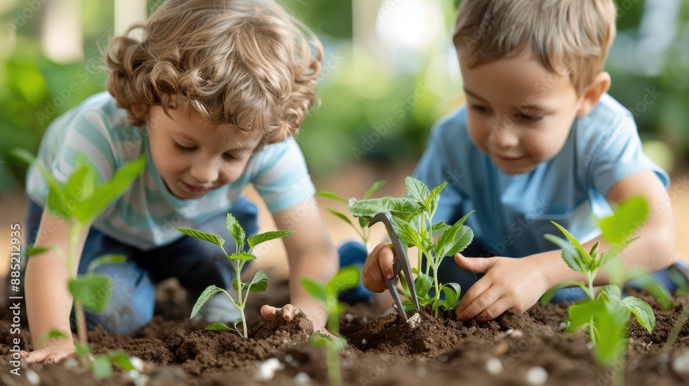 Two children are engrossed in a gardening activity, focusing on planting young plants together, highlighting teamwork and fascination with nature in a calm outdoor setting. Two children are engrossed in a gardening activity, focusing on planting young plants together, highlighting teamwork and fascination with nature in a calm outdoor setting.