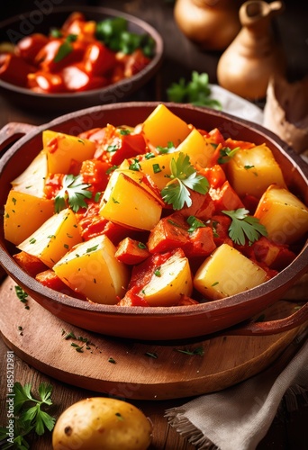 sizzling patatas bravas terracotta dish rustic spanish tapas cuisine concept, appetizer, fried, potatoes, snack, sauce, paprika, olive, oil, garlic, herbs