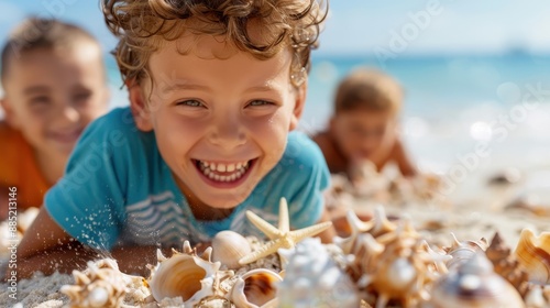 A group of children lying on the beach collecting seashells and starfish on a sunny summer day, capturing the essence of childhood joy and exploration.