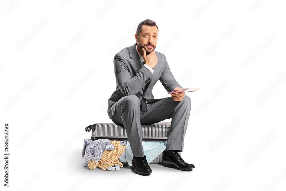Worried bussinessman sitting on a suitcase and waiting for a flight Worried bussinessman sitting on a suitcase and waiting for a flight