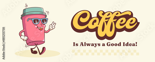 Groovy Coffee To Go Paper Cup Retro Character Banner. Cartoon Food Mug Walking and Smiling. Vector Fast Food Beverage Mascot Template. Happy Vintage Cool Illustration Isolated